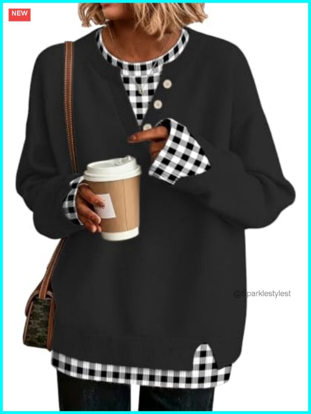Womens Henley Sweater Pullover Faux V-Neck Button Side Slit Loose Knit